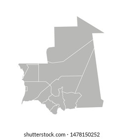 Vector isolated illustration of simplified administrative map of Mauritania. Borders of the regions. Grey silhouettes. White outline.