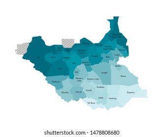 Vector isolated illustration of simplified administrative map of South Sudan. Borders and names of the states (regions). Colorful blue khaki silhouettes.