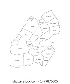 Vector isolated illustration of simplified administrative map of Djibouti. Borders and names of the districts (regions). Black line silhouettes.