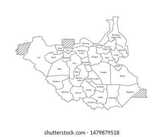 Vector isolated illustration of simplified administrative map of South Sudan. Borders and names of the states (regions). Black line silhouettes.