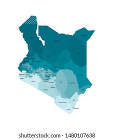 Vector isolated illustration of simplified administrative map of Kenya. Borders and names of the counties (regions). Colorful blue khaki silhouettes