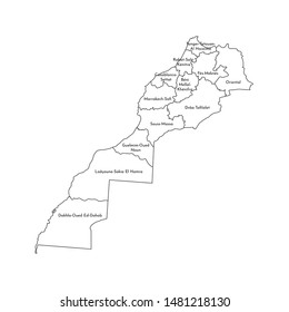 Vector isolated illustration of simplified administrative map of Morocco (including disputed territory of Western Sahara). Borders and names of the regions. Black line silhouettes.