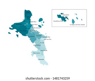 Vector isolated illustration of simplified administrative map of Seychelles (include only big islands Mahé, Praslin, La Digue). Borders and names of the districts (regions). Colorful blue silhouettes