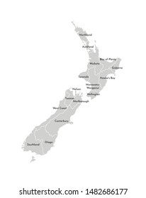 Vector isolated illustration of simplified administrative map of New Zealand. Borders and names of the regions. Grey silhouettes. White outline