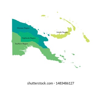 Vector isolated illustration of simplified administrative map of Papua New Guinea. Borders and names of the regions (Highlands, Islands, Momase,  Southern). Green and yellow silhouettes.