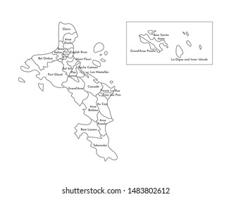 Vector isolated illustration of simplified administrative map of Seychelles (include only big islands Mahé, Praslin, La Digue). Borders and names of the districts (regions). Black line silhouettes.