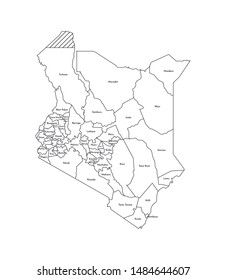 Vector isolated illustration of simplified administrative map of Kenya. Borders and names of the counties (regions). Black line silhouettes.