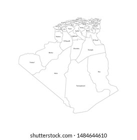 Vector isolated illustration of simplified administrative map of Algeria. Borders and names of the provinces (regions). Black line silhouettes.