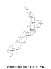 Vector isolated illustration of simplified administrative map of New Zealand. Borders and names of the regions. Black line silhouettes.