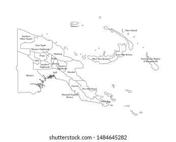 Vector isolated illustration of simplified administrative map of Papua New Guinea. Borders and names of the province; Black line silhouettes.
