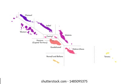 Vector isolated illustration of simplified administrative map of Solomon Islands. Borders and names of the provinces (regions). Multi colored silhouettes.