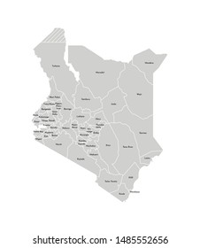 Vector isolated illustration of simplified administrative map of Kenya. Borders and names of the counties (regions). Grey silhouettes. White outline