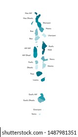 Vector isolated illustration of simplified administrative map of Maldives with names of the atolls. Colorful blue khaki silhouettes.