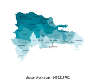 Vector isolated illustration of simplified administrative map of Dominican Republic. Borders and names of the provinces. Colorful blue khaki silhouettes