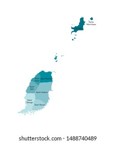 Vector isolated illustration of simplified administrative map of Grenada. Borders and names of the parishes (regions) and islands with status of dependency. Colorful blue khaki silhouettes