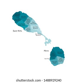 Vector isolated illustration of simplified administrative map of Saint Kitts and Nevis. Borders and names of the parishes (regions). Colorful blue khaki silhouettes.