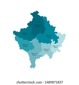 Vector isolated illustration of simplified administrative map of Kosovo. Borders and names of the districts. Colorful blue khaki silhouettes