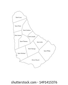 Vector isolated illustration of simplified administrative map of Barbados. Borders and names of the parishes. Black line silhouettes.