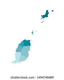 Vector isolated illustration of simplified administrative map of Grenada. Borders of the parishes (regions) and islands with status of dependency. Colorful blue khaki silhouettes.