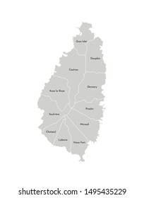 Vector isolated illustration of simplified administrative map of Saint Lucia﻿. Borders and names of the quarters (regions). Grey silhouettes. White outline
