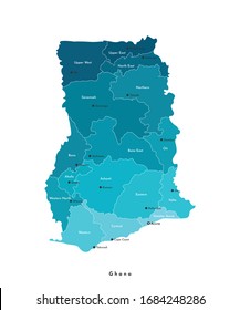 Vector isolated illustration. Simplified administrative map of Ghana in blue colors. White background. Names of Ghana regions and capitals