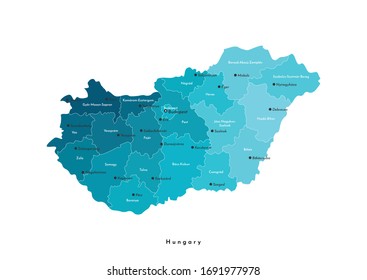  Ilustración aislada del vector. Mapa administrativo simplificado de Hungría (en colores azules). Nombres de ciudades y condados húngaros . Fondo blanco