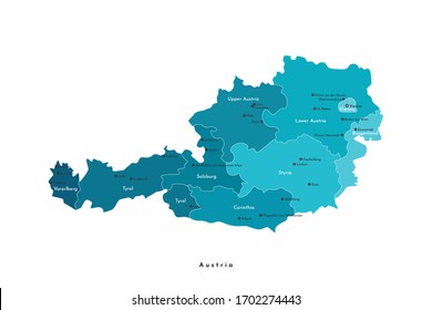 Vector isolated illustration. Simplified administrative map of Austria in blue colors. White background and outlines. Names of austrian cities and states. 