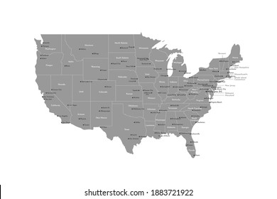 Vector isolated illustration. Simplified administrative map of USA (only contiguous states). Names of states and some big and capital American cities. White background and outline of map, grey shapes