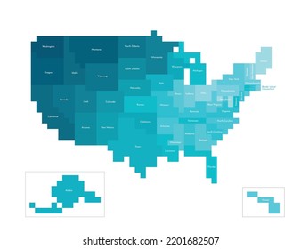 Vector ilustra aisladamente el mapa administrativo simplificado de los Estados Unidos de América. Fronteras y nombres de los estados. Las formas azules coloridas en el estilo de píxeles son plantillas para el arte de nft. 