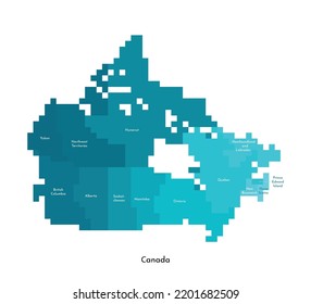 Vector isolated illustration of simplified administrative map of Canada. Borders and names of the regions. Colorful blue shapes in pixel style are template for nft art. 