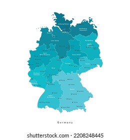 Vector isolated illustration. Simplified administrative map of Germany. Blue shapes of regions. Names of deutsch cities and provinces. White background.  svg