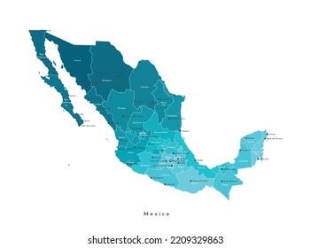 Vector isolated illustration. Simplified administrative map of Mexico (United Mexican States). Blue shapes of regions. Names of mexican cities and states