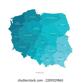 Vector isolated illustration. Simplified administrative map of Poland (in blue colors) . Names of Polish cities and provinces. White background