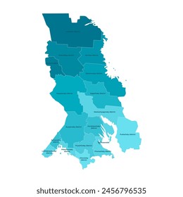 Vector isolated illustration. Simplified administrative map of Republic of Karelia, Russian region. Blue shapes of districs. Names of karelian provinces. White background. 