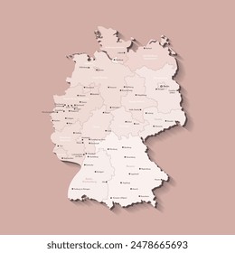 Vector isolated illustration. Simplified administrative map of Germany. Beige shapes of regions. Names of deutsch cities and provinces. Brown background. 