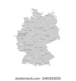 Vector isolated illustration. Simplified administrative map of Germany. Grey shapes of regions. Names of deutsch cities and provinces. White background. 