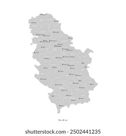 Vector aislado ilustración. Mapa administrativo simplificado de Serbia incluyendo Kosovo en color gris. El fondo blanco. Nombres de las mayores ciudades y regiones, distritos