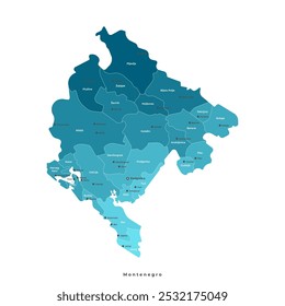 Ilustração isolada de vetor. Mapa administrativo simplificado do Montenegro. Fundo branco. Nomes de cidades e municípios