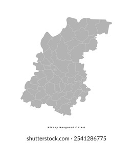 Vector isolated illustration of simplified administrative map of Nizhny Novgorod Oblast in Russia. Borders of the districts and urban okrugs. Grey silhouettes. White outline