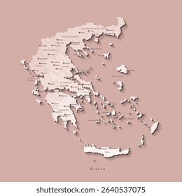 Vector isolated illustration. Simplified administrative map of Greece, Hellenic Republic. Beige shapes on broen background. Names of greek cities and regions