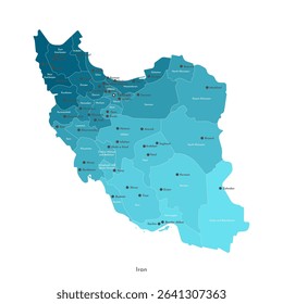 Vector isolated illustration of simplified administrative map of Iran. Borders and names of the provinces, regions, big cities and towns with nuclear objects. Blue silhouettes. White outline.
