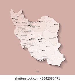 Vector isolated illustration of simplified administrative map of Iran. Borders and names of the provinces, regions, big cities and towns with nuclear objects. Beige silhouettes. Brown background