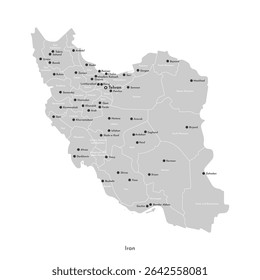 Ilustração isolada do vetor do mapa administrativo simplificado do Irã. Fronteiras e nomes das províncias, regiões, grandes cidades com objetos nucleares. Silhuetas cinzentas. Contorno branco.