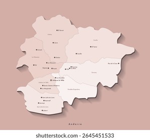 Vector isolated illustration. Simplified administrative map of Andorra. Beige shapes of regions. Names of big cities and torism villages in Andorra. Brown background