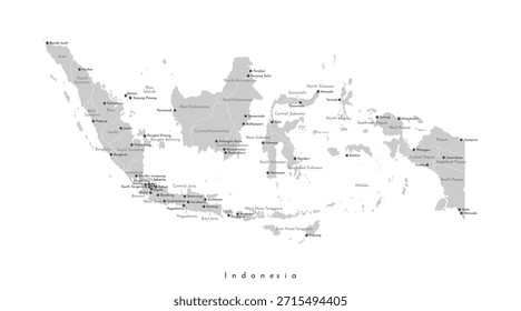 Vector aislado ilustración de mapa administrativo simplificado de Indonesia. Fronteras y nombres de las provincias, etiqueta de las grandes ciudades. Formas grises
