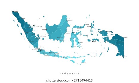 Vector aislado ilustración de mapa administrativo simplificado de Indonesia. Fronteras de las provincias, etiqueta de las grandes ciudades. Coloridas Formas azules de las islas