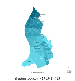 Ilustração isolada de vetor. Mapa administrativo simplificado do Liechtenstein. Fundo azul de formas de municípios. Nomes de cidades e aldeias