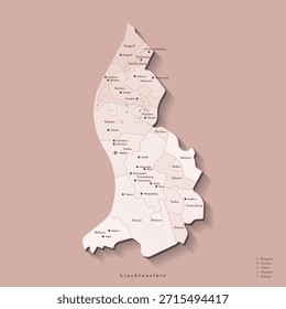 Vector aislado ilustración. Mapa administrativo simplificado de Liechtenstein. Fondo beige de Formas de municipios sobre fondo marrón. Nombres de ciudades y pueblos