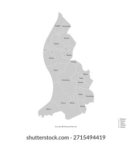 Ilustração isolada de vetor. Mapa administrativo simplificado do Liechtenstein. Fundo cinzento de formas de municípios.