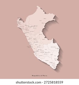 Ilustração isolada de vetor. Mapa administrativo simplificado do Peru em cores da moda bege. Fundo e contornos castanhos. Nomes das cidades e províncias peruanas